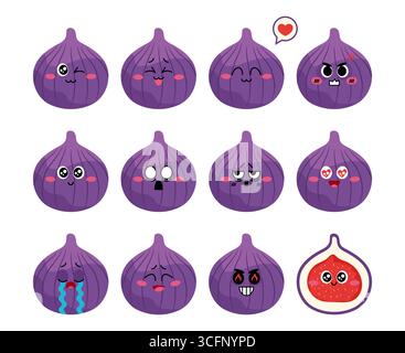 Fig fruit mascot emoji set. Fig character showing different emotions. Vector illustration Stock Vector