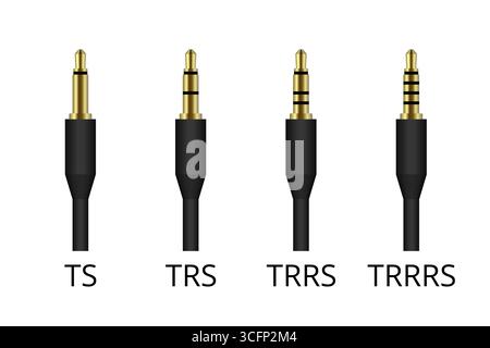Realistic 3.5mm audio jack plug showing the difference between ts, trs, trrs and trrrs connectors isolating tip, ring and sleeve configuration over wh Stock Vector