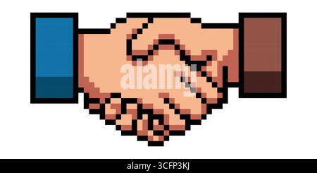 Pixel art handshake icon. Two hands shaking in retro 8-bit style, symbolizing agreement, teamwork, partnership, and business deal Stock Vector