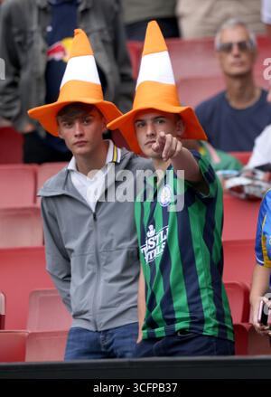 London, UK. 23rd Aug, 2025. Leeds fans at the Arsenal v Leeds United EPL match, at the Emirates Stadium, London, UK on 23rd August, 2025. Credit: Paul Marriott/Alamy Live News Stock Photo