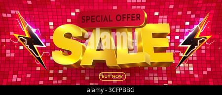 Special offer flash sale banner with thunderbolt. 3d SALE poster. Vector illustration. Stock Vector