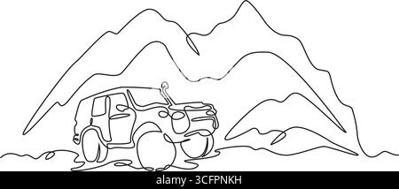 Continuous one line drawing SUV in nature. High mountains. Car trip. One continuous line isolated minimal illustration. Editable Stroke Stock Vector