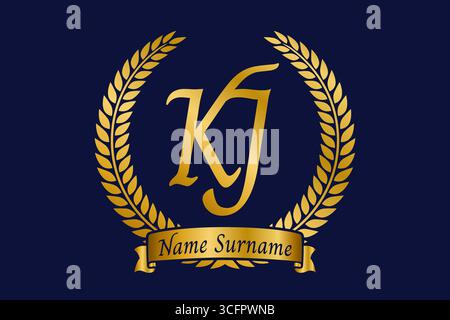 Initial letter K and J, KJ monogram logo design with laurel wreath. Luxury golden emblem with calligraphy font. Stock Vector