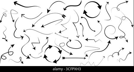 A vector set of arrows in various styles, including curved, circular, wavy, and straight designs, ideal for diagrams and creative projects. Stock Vector