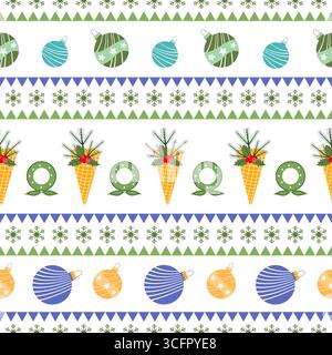 Christmas-themed seamless pattern with ornaments, wreaths, and festive decorations background vector Stock Vector