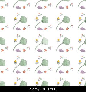 Seamless ocean pattern with jellyfish, starfish, and shells on white background for marine themes vector Stock Vector
