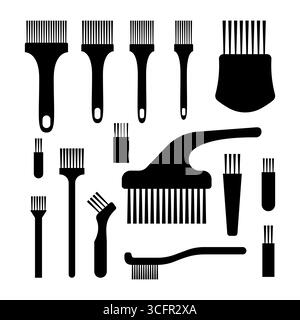 Set of Brushes Silhouette Illustration. A complete set of different brushes in black silhouette style. The collection includes various brush designs. Stock Vector