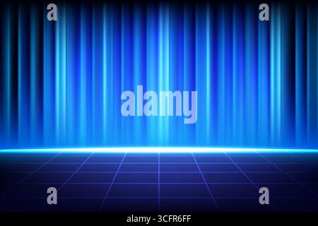 Abstract background with glowing blue neon curtains and grid floor, perfect for technology, digital and futuristic themes, vector illustration Stock Vector
