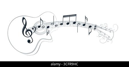 Guitar stylized symbol with musical notes. Stock Vector