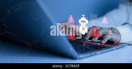Hands typing on laptop with AI robot icon and warning alerts, concept of cybersecurity threat, malware attack, artificial intelligence risk, and onlin Stock Photo