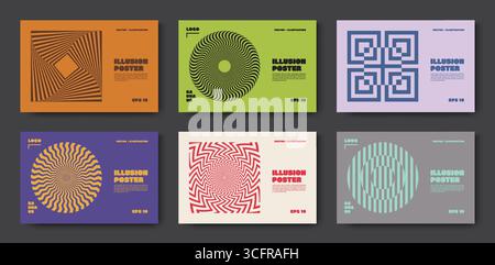 Shape patterns. Graphic illusion. Abstract line background with sun optical spirals. Modern psychedelic art texture. Minimal geometric twirl forms. Hypnotic swirl. Vector design posters templates set Stock Vector