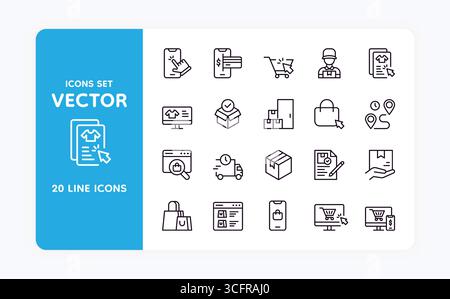Online store icons. Order package. Web shopping. Express delivery. Computer click for buying. Purchase payment symbol. Supermarket basket app. Box shipping. Phone screen. Vector e-commerce sign set Stock Vector