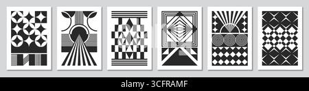 Retro pattern. Abstract modern black geometric shapes. Simple graphic illusion poster or texture card. Flat figures collage. Monochrome print. Typography booklet design. Vector Bauhaus banners set Stock Vector