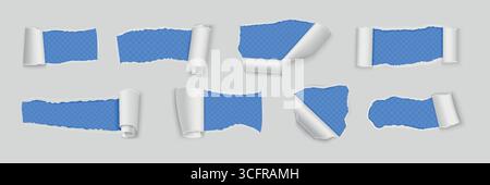 Paper tear. Rip torn reveal effect. Open page edge or white border roll cut. Scratch tag with hole. Curl texture. Transparent background. Folded corner. Newspaper scroll mockup. Vector 3D elements set Stock Vector
