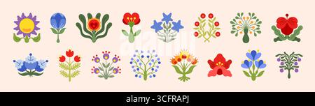 Flower icons. Cute doodle leaf, floral plant leaves or daisy branch, wildflower botanical card drawing. Summer season ornament. Logo element. Abstract botany. Vector cartoon flat style isolated set Stock Vector