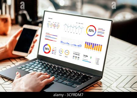 Analyst woman works on a laptop, shows statistics, graphs while sitting in a cafe Stock Photo