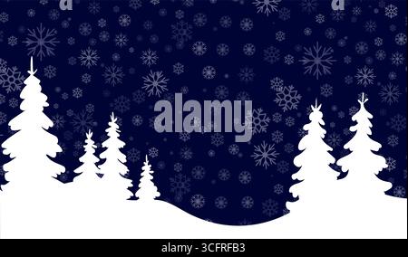 Vector illustration showcases a serene winter landscape featuring tall evergreen trees silhouetted against a deep blue background Stock Vector