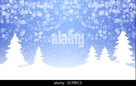 This winter landscape illustration showcases a tranquil setting with snowflakes gently falling against a soft blue backdrop. Snow-covered trees create Stock Vector