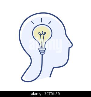 Male linear silhouette of a face in profile with a light bulb in his head. Idea and mental health concept Stock Vector