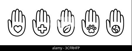 Hand icon with different symbols for charity and volunteering, logo design elements. Medical, animal welfare, social, nature. Vector illustration set. Stock Vector