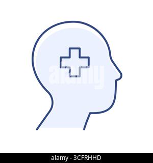 Mental health line icon. Human face icon with medical cross isolated on white background. Stock Vector