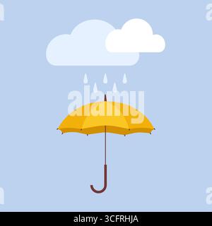 Clouds, raindrops and umbrella on a blue background. Rainy weather concept. Weather forecast. Flat style vector illustration Stock Vector