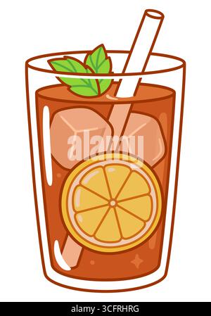 Mazagran, traditional Algerian iced coffee drink with lemon and mint. Cute cartoon vector clip art illustration, doodle style drawing. Stock Vector