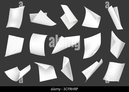 Flying paper sheets. Curve blank white papers float in air and fall. 3D realistic A4 letter office document, note pages blow wind, scatter sheets. Vector isolated mockup. Stock Vector
