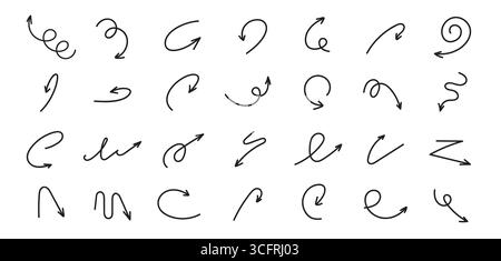 Doodle arrows with curves, loops, spirals in hand drawn, pen sketch style. Simple pointers for notes, UI highlights and infographics. Isolated thin line swirl arrow funny vector set. Stock Vector