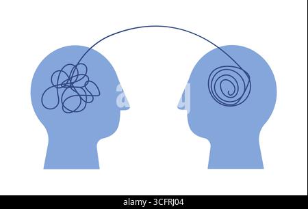 Two silhouettes of a human head with confused thought isolated over white background. Dialogue between two people. Stock Vector