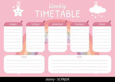 School timetable template for girls. school planner Stock Vector
