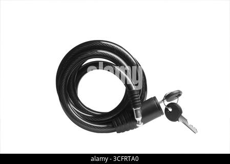Black bike safety lock cable protecting your bicycle with keys on white background Stock Photo
