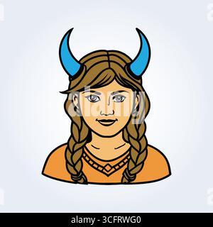 a character illustration of a Viking woman with blue horns Stock Vector