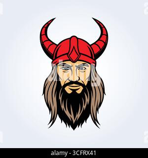 a character illustration of a Viking man with a red-horned helmet and long beard Stock Vector