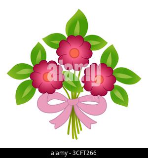 Bouquet of three red flowers and pink ribbon. Spring red flowers and green leaves. Bright summer bouquet vector illustration. Plant composition. Holid Stock Vector
