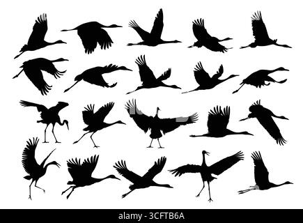 A set of silhouettes of the flying cranes. Stock Vector