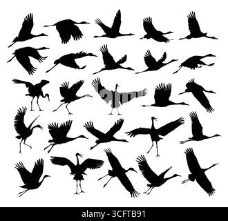 A set of silhouettes of the flying cranes. Stock Vector