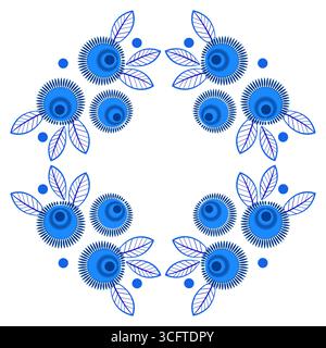 Blue plant vector design element. Mandala of abstract blue flowers and leaves on white background. Delicate winter fantasy bouquet of flowers. Stock Vector