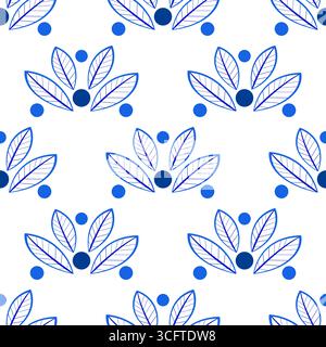 Seamless pattern of blue leaves. Shades of blue leaves and dots on white background. Vintage modern plant background. Classic floral decorative orname Stock Vector