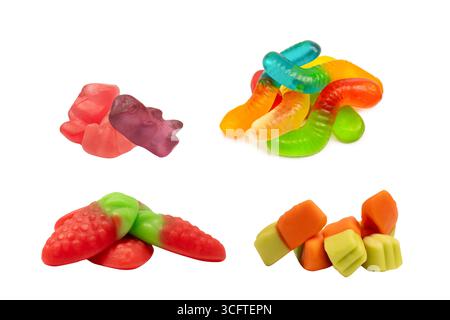 Jelly strawberry candies isolated on a white background. Top view. Delicious gelatin candies. Stock Photo