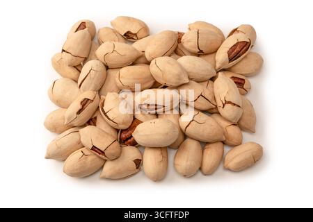 Pecan-nut in a shell isolated on white background. Top view. Stock Photo