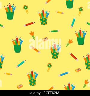 Seamless pattern with colorful pencils and school stationery on yellow background Stock Vector