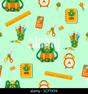 Cute dinosaur school supplies seamless pattern Stock Vector