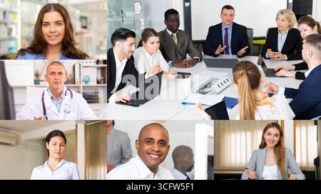 Screen of video call between diverse people managers and doctor Stock Photo