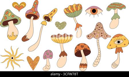 Groovy Psychedelic Retro Mushroom Set Stock Vector