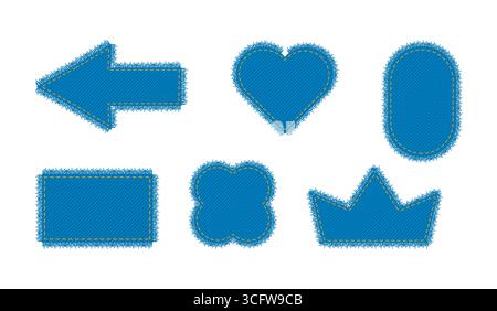 Set of Patches denim arrow claver crown, heart shape with stitches seam torn Frayed edges jeans label fashion illustration. Flat apparel blue color template isolated on white background Stock Vector