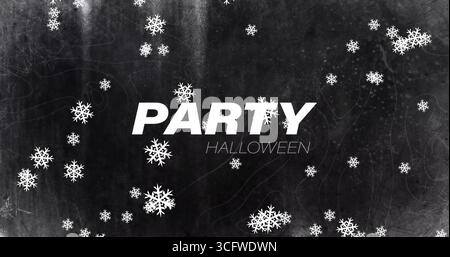 Image of party text over snow falling Stock Photo