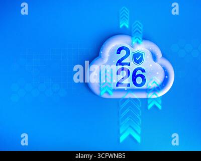 Cloud icon with 2026 year numbers and shield symbol on blue background, representing cloud storage, cybersecurity, data transfer, network protection, Stock Photo