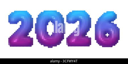 Vector illustration of gradient numbers 2026 in pixelated dot art style. Blue and purple mosaic texture. Modern decorative typography. Isolated on Stock Vector