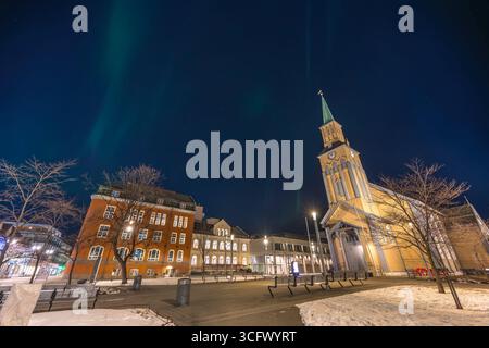 Tromso Norway, aurora borealis northern lights at Tromso Cathedral Stock Photo